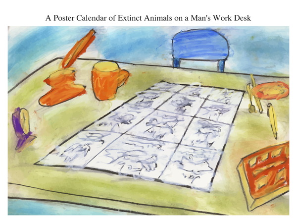 A Poster Calendar of Extinct Animals on a Man's Work Desk
