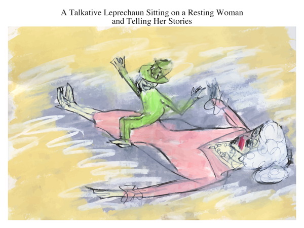 A Talkative Leprechaun Sitting on a Resting Woman and Telling Her Stories