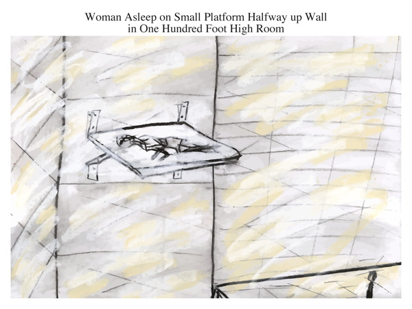 Woman Asleep on Small Platform Halfway up Wall in One Hundred Foot High Room