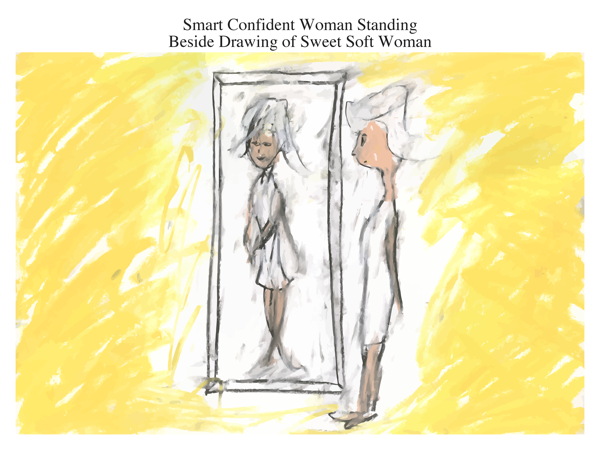 Smart Confident Woman Standing Beside Drawing of Sweet Soft Woman