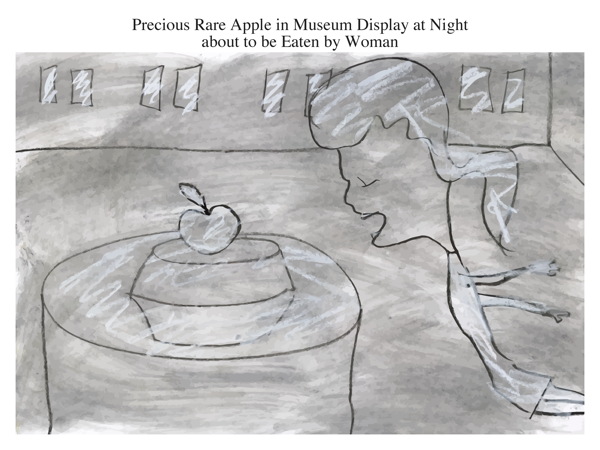 Precious Rare Apple in Museum Display at Night about to be Eaten by Woman