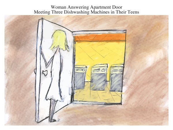 Woman Answering Apartment Door Meeting Three Dishwashing Machines in Their Teens