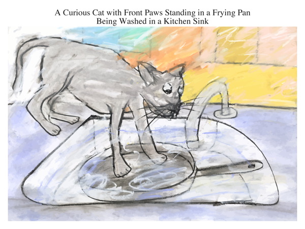 A Curious Cat with Front Paws Standing in a Frying Pan Being Washed in a Kitchen Sink