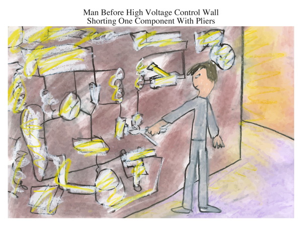 Man Before High Voltage Control Wall Shorting One Component With Pliers