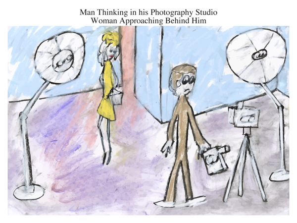 Man Thinking in his Photography Studio Woman Approaching Behind Him