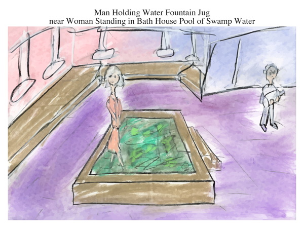Man Holding Water Fountain Jug near Woman Standing in Bath House Pool of Swamp Water