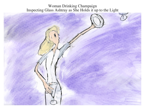 Woman Drinking Champaign Inspecting Glass Ashtray as She Holds it up to the Light
