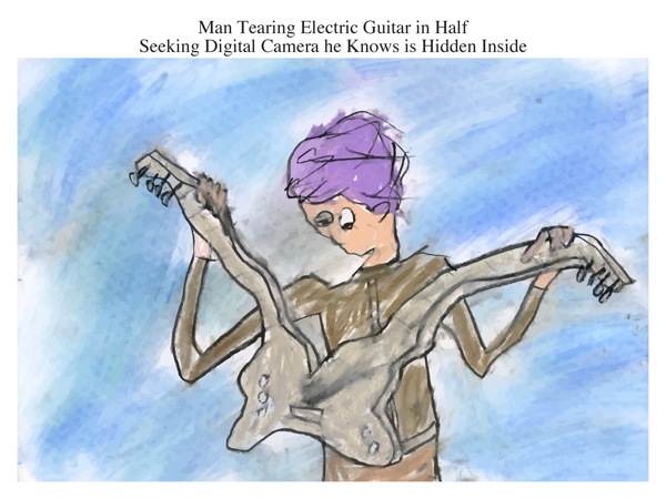 Man Tearing Electric Guitar in Half Seeking Digital Camera he Knows is Hidden Inside