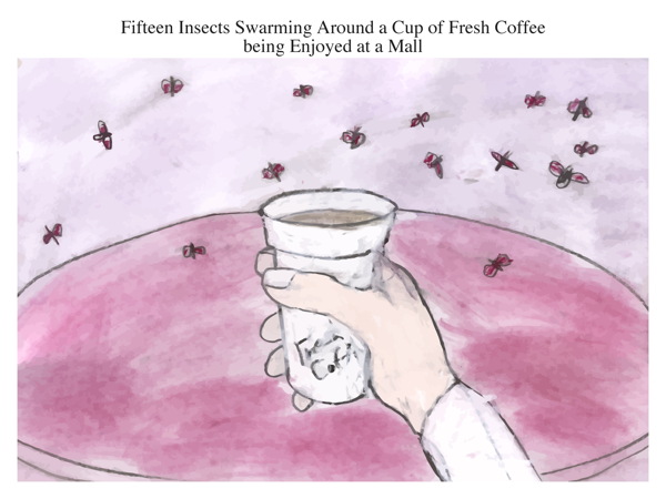 Fifteen Insects Swarming Around a Cup of Fresh Coffee being Enjoyed at a Mall