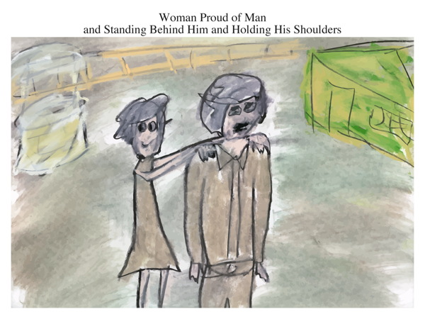 Woman Proud of Man and Standing Behind Him and Holding His Shoulders