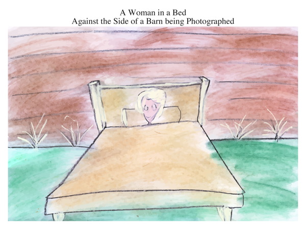 A Woman in a Bed Against the Side of a Barn being Photographed
