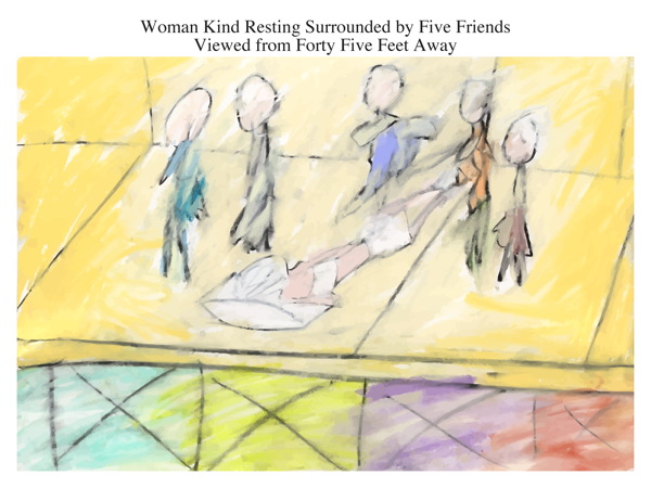 Woman Kind Resting Surrounded by Five Friends Viewed from Forty Five Feet Away
