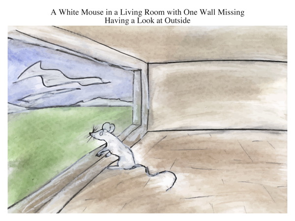 A White Mouse in a Living Room with One Wall Missing Having a Look at Outside