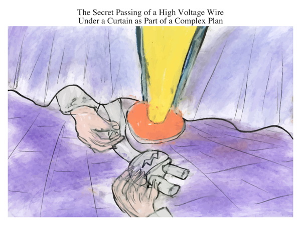 The Secret Passing of a High Voltage Wire Under a Curtain as Part of a Complex Plan
