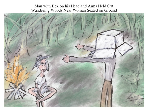 Man with Box on his Head and Arms Held Out Wandering Woods Near Woman Seated on Ground