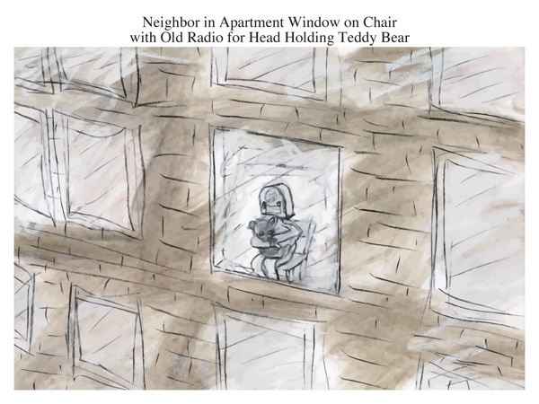 Neighbor in Apartment Window on Chair with Old Radio for Head Holding Teddy Bear