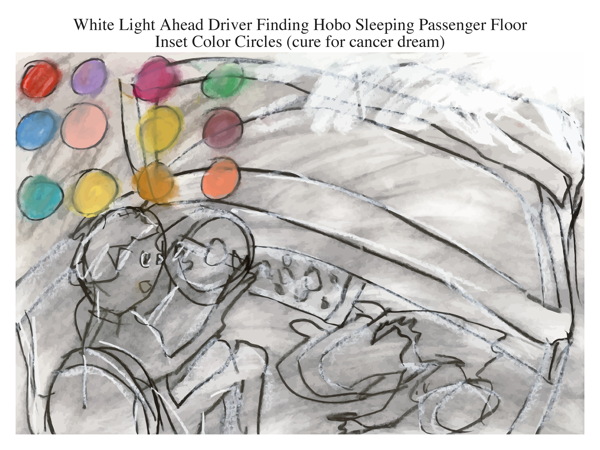 White Light Ahead Driver Finding Hobo Sleeping Passenger Floor Inset Color Circles (cure for cancer dream)
