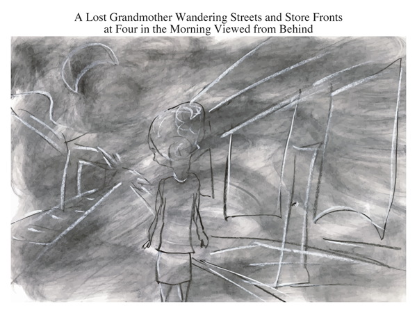 A Lost Grandmother Wandering Streets and Store Fronts at Four in the Morning Viewed from Behind