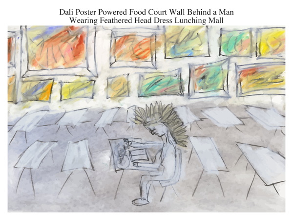 Dali Poster Powered Food Court Wall Behind a Man Wearing Feathered Head Dress Lunching Mall