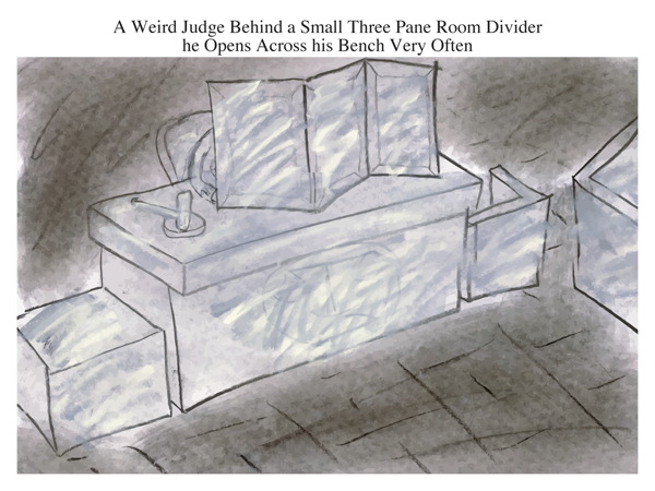 A Weird Judge Behind a Small Three Pane Room Divider he Opens Across his Bench Very Often