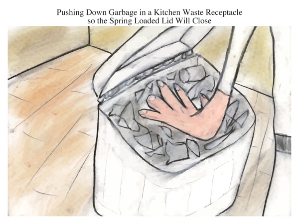 Pushing Down Garbage in a Kitchen Waste Receptacle so the Spring Loaded Lid Will Close