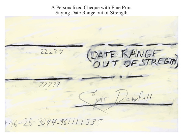 A Personalized Cheque with Fine Print Saying Date Range out of Strength