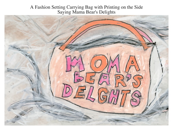 A Fashion Setting Carrying Bag with Printing on the Side Saying Mama Bear's Delights