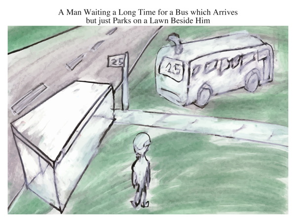 A Man Waiting a Long Time for a Bus which Arrives but just Parks on a Lawn Beside Him