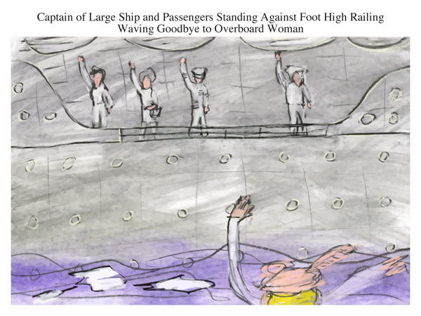 Captain of Large Ship and Passengers Standing Against Foot High Railing Waving Goodbye to Overboard Woman