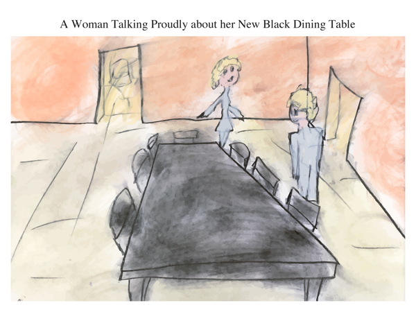 A Woman Talking Proudly about her New Black Dining Table