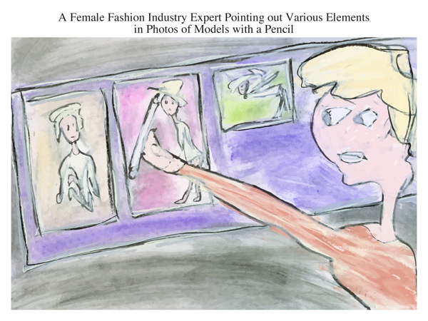 A Female Fashion Industry Expert Pointing out Various Elements in Photos of Models with a Pencil