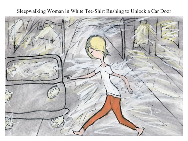 Sleepwalking Woman in White Tee-Shirt Rushing to Unlock a Car Door
