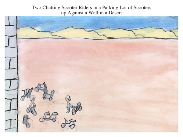 Two Chatting Scooter Riders in a Parking Lot of Scooters up Against a Wall in a Desert