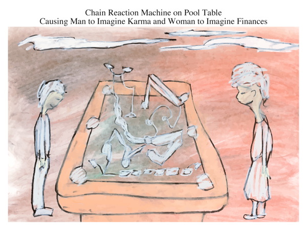 Chain Reaction Machine on Pool Table Causing Man to Imagine Karma and Woman to Imagine Finances