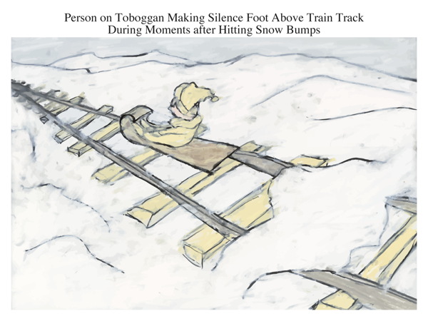 Person on Toboggan Making Silence Foot Above Train Track During Moments after Hitting Snow Bumps