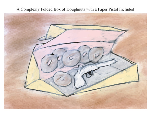 A Complexly Folded Box of Doughnuts with a Paper Pistol Included