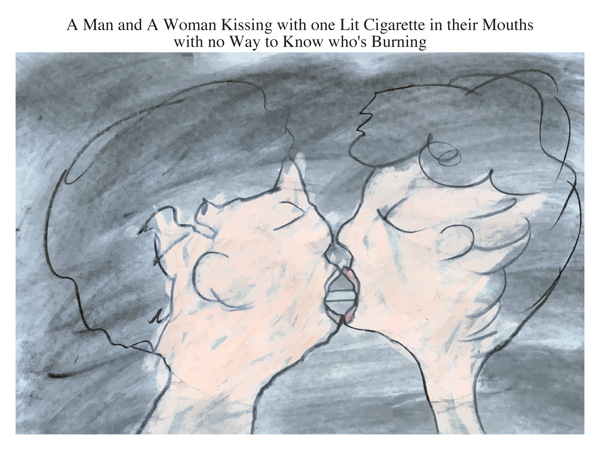 A Man and A Woman Kissing with one Lit Cigarette in their Mouths with no Way to Know who's Burning