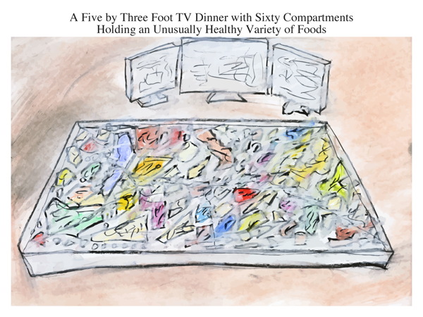 A Five by Three Foot TV Dinner with Sixty Compartments Holding an Unusually Healthy Variety of Foods
