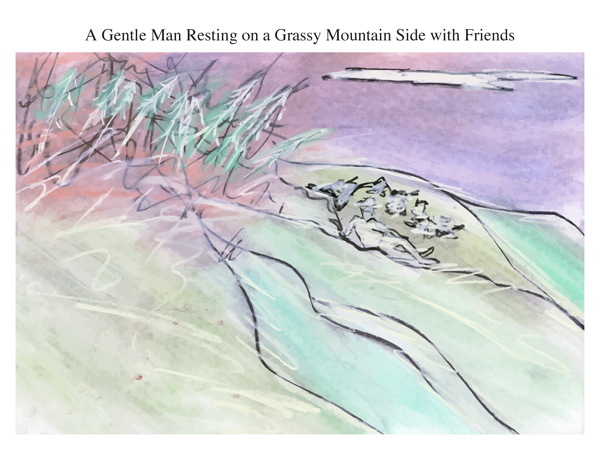 A Gentle Man Resting on a Grassy Mountain Side with Friends