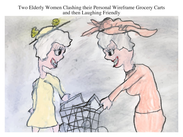 Two Elderly Women Clashing their Personal Wireframe Grocery Carts and then Laughing Friendly