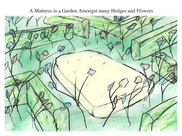 A Mattress in a Garden Amongst many Hedges and Flowers