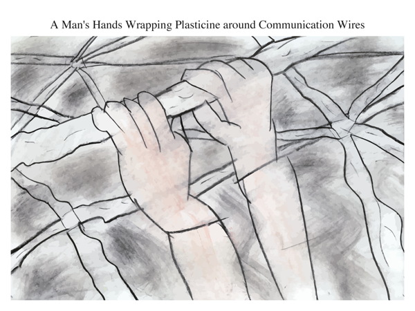 A Man's Hands Wrapping Plasticine around Communication Wires