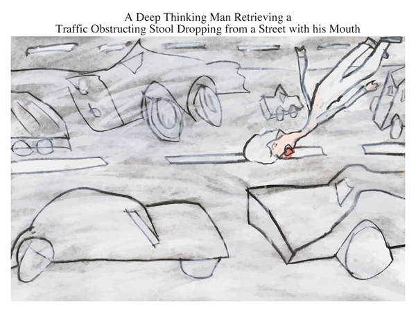 A Deep Thinking Man Retrieving a Traffic Obstructing Stool Dropping from a Street with his Mouth