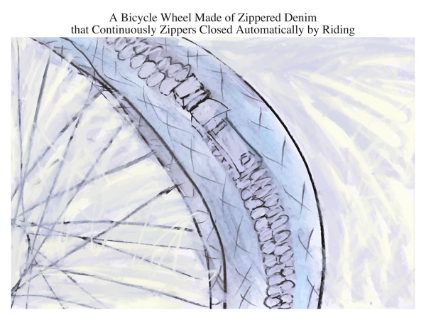 A Bicycle Wheel Made of Zippered Denim that Continuously Zippers Closed Automatically by Riding