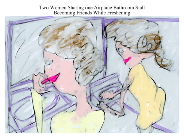 Two Women Sharing one Airplane Bathroom Stall Becoming Friends While Freshening