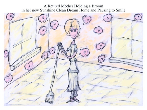 A Retired Mother Holding a Broom in her new Sunshine Clean Dream Home and Pausing to Smile