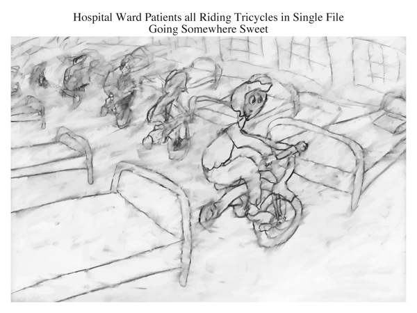 Hospital Ward Patients all Riding Tricycles in Single File Going Somewhere Sweet