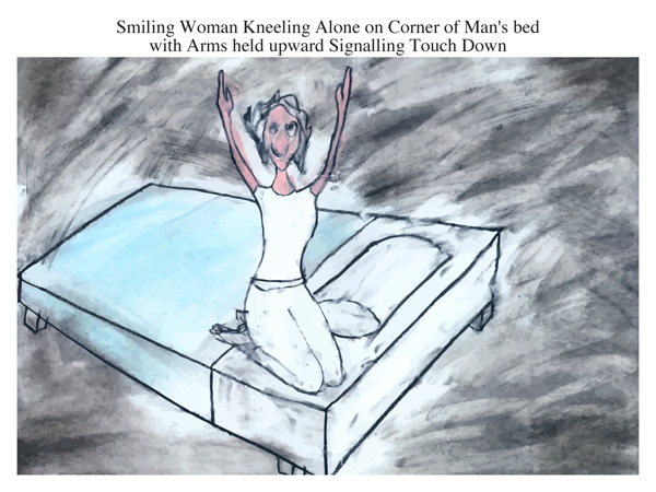 Smiling Woman Kneeling Alone on Corner of Man's bed with Arms held upward Signalling Touch Down