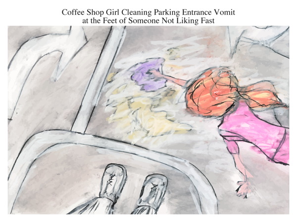 Coffee Shop Girl Cleaning Parking Entrance Vomit at the Feet of Someone Not Liking Fast