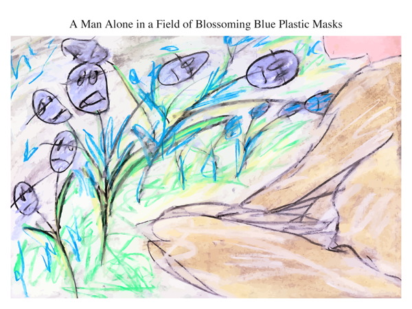 A Man Alone in a Field of Blossoming Blue Plastic Masks